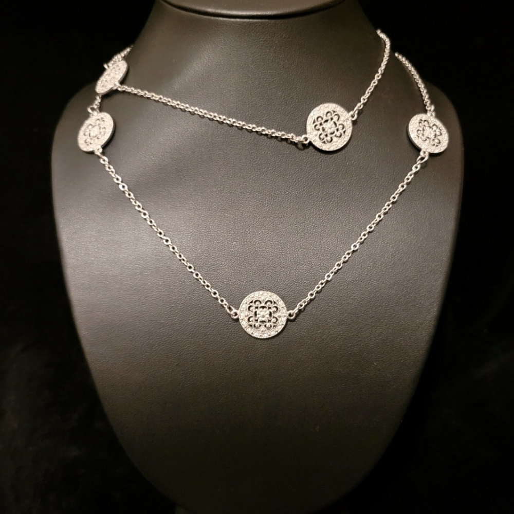 Estate Filagree Rhinstone Medallion Long Necklace
